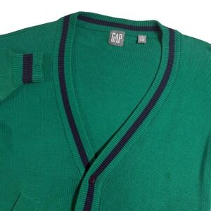 GAP Cardigan Sweater Mens Medium Green Navy Stripe V‎ Neck Button Front Grandpa